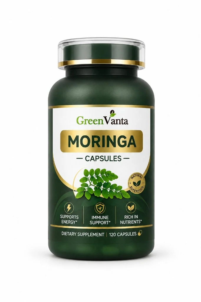 Front of a GREENVANTA Moringa Capsules bottle, 120 capsules, studio photo on white background